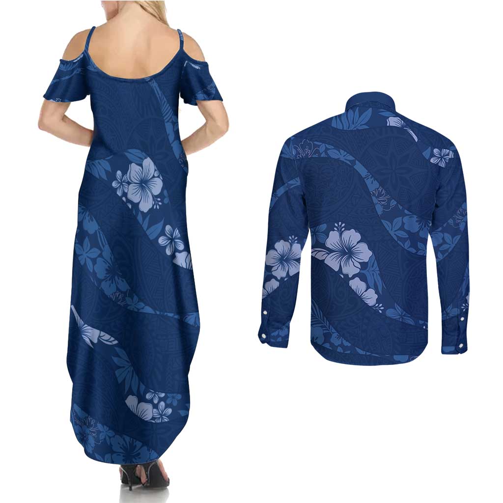Aloha Hawaii Floral Tapa Couples Matching Summer Maxi Dress and Long Sleeve Button Shirt Patchwork Navy LT7 - Polynesian Pride