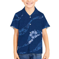 Aloha Hawaii Floral Tapa Family Matching Long Sleeve Bodycon Dress and Hawaiian Shirt Patchwork Navy - Polynesian Pride