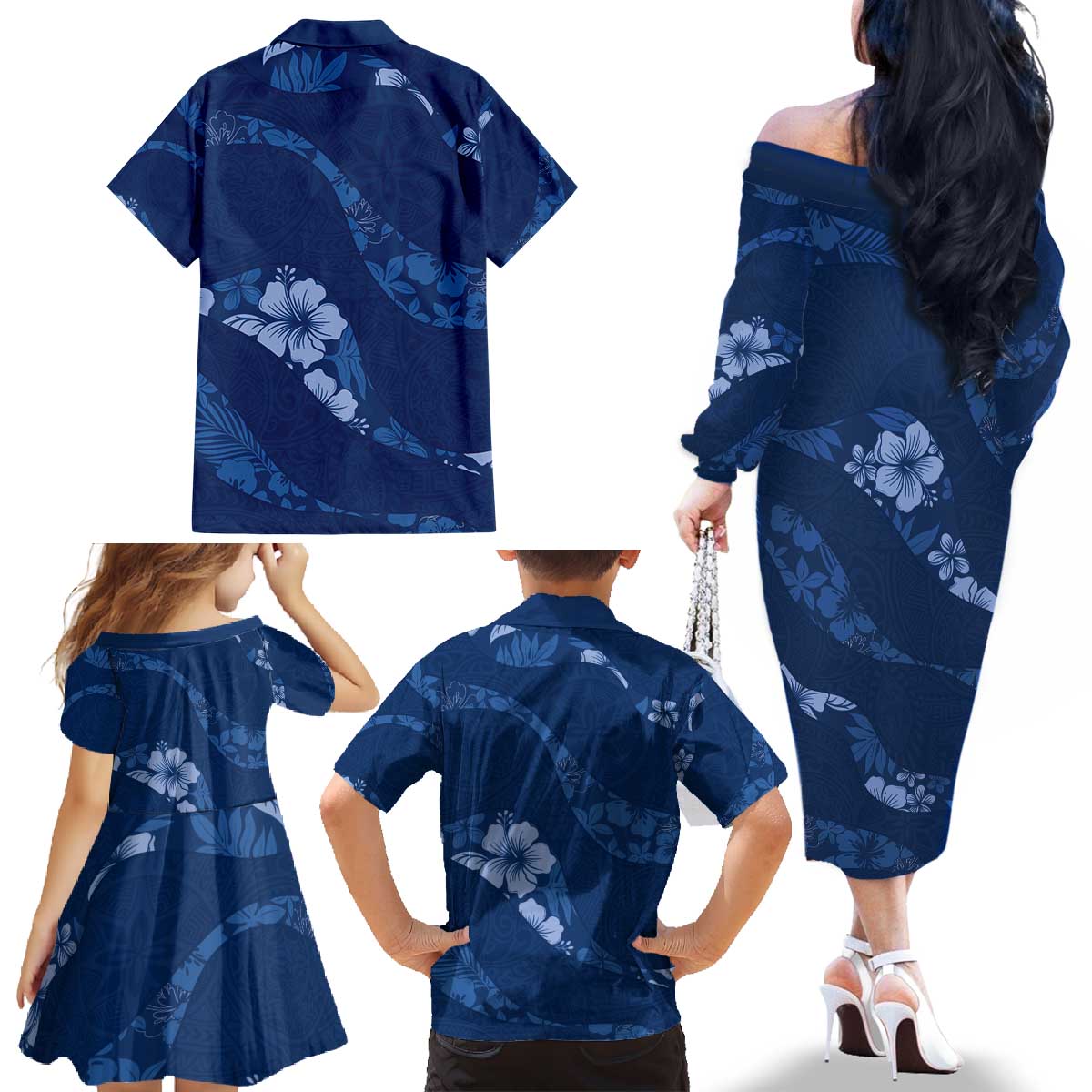 Aloha Hawaii Floral Tapa Family Matching Off The Shoulder Long Sleeve Dress and Hawaiian Shirt Patchwork Navy - Polynesian Pride