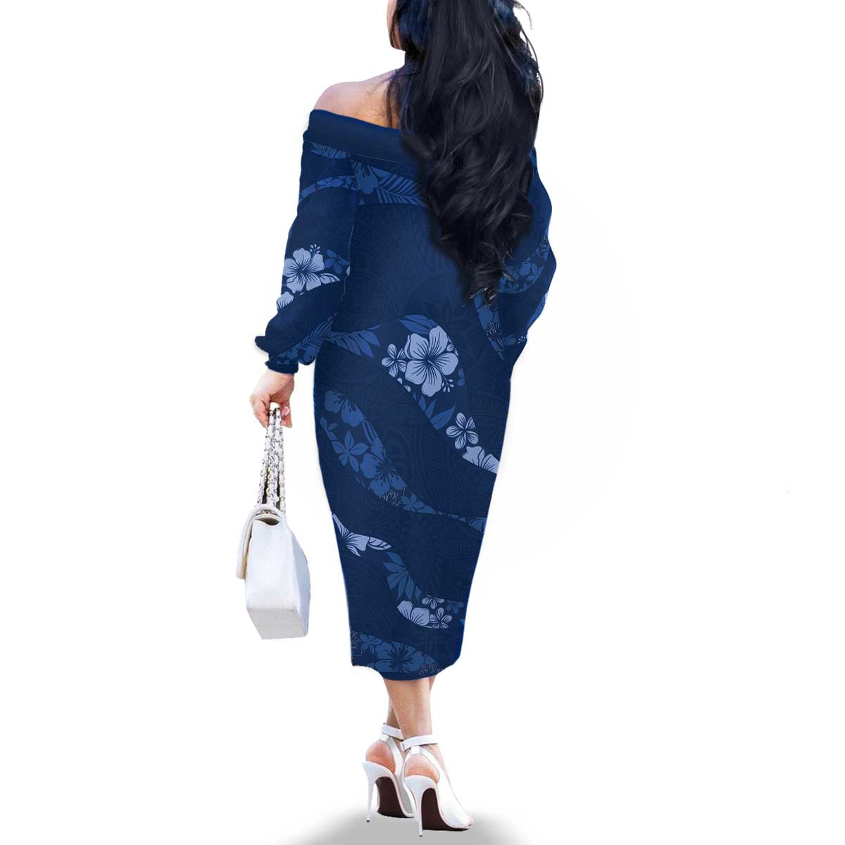 Aloha Hawaii Floral Tapa Family Matching Off The Shoulder Long Sleeve Dress and Hawaiian Shirt Patchwork Navy - Polynesian Pride