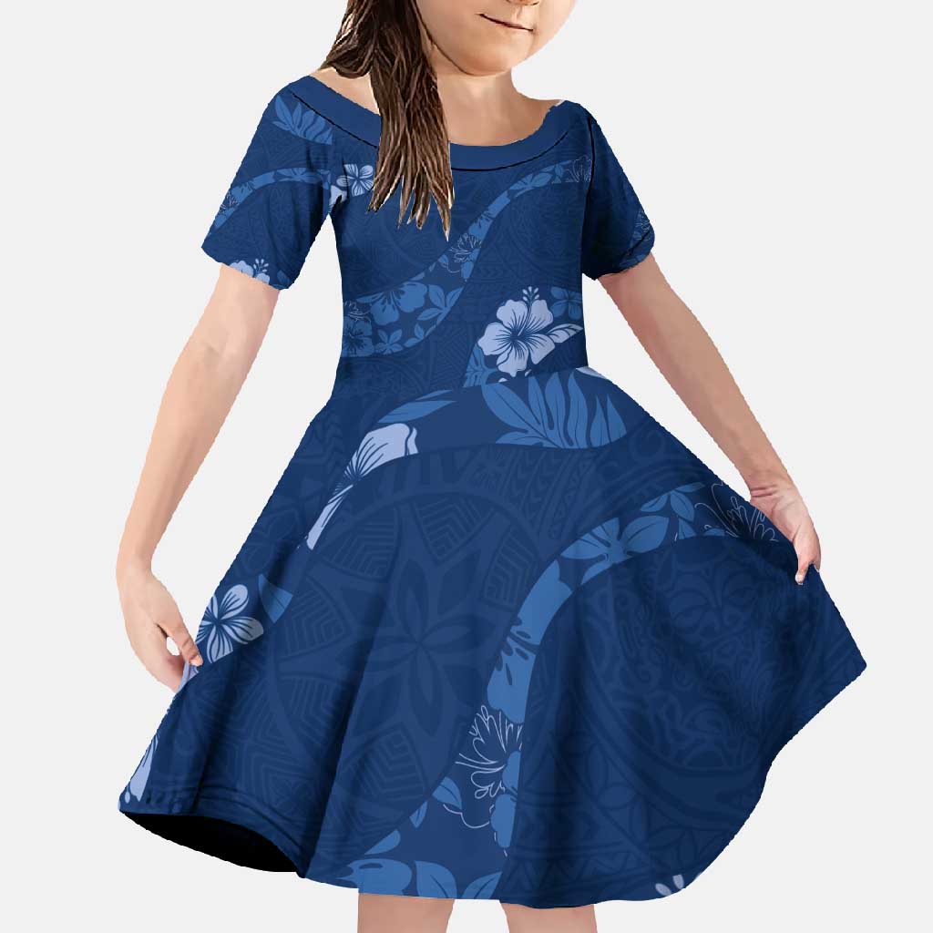 Aloha Hawaii Floral Tapa Family Matching Off Shoulder Maxi Dress and Hawaiian Shirt Patchwork Navy - Polynesian Pride