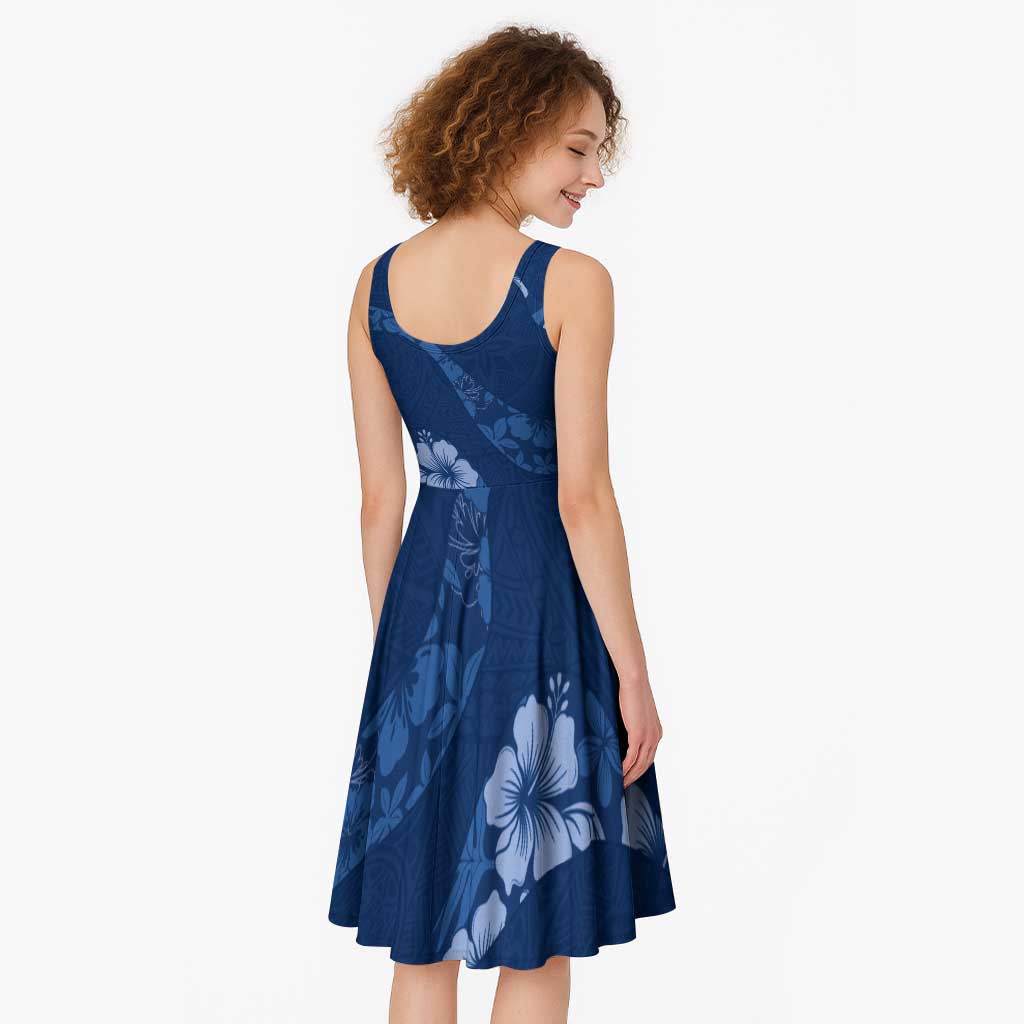Aloha Hawaii Floral Tapa Midi Dress Patchwork Navy - Polynesian Pride