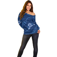 Aloha Hawaii Floral Tapa Off Shoulder Sweater Patchwork Navy - Polynesian Pride