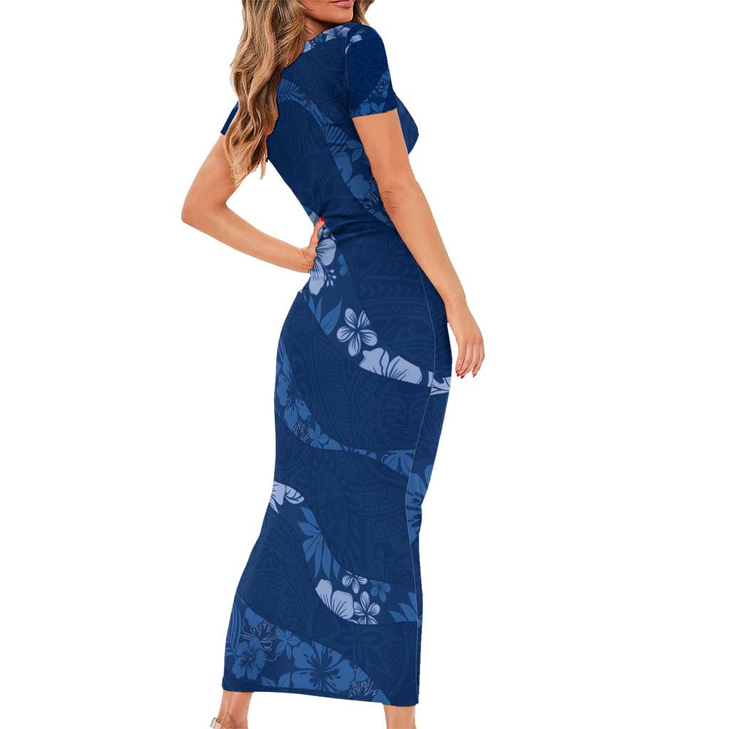Aloha Hawaii Floral Tapa Short Sleeve Bodycon Dress Patchwork Navy - Polynesian Pride