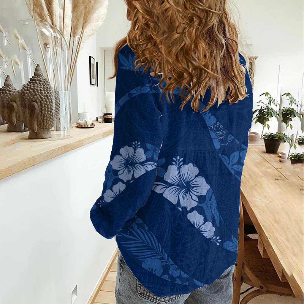 Aloha Hawaii Floral Tapa Women Casual Shirt Patchwork Navy - Polynesian Pride