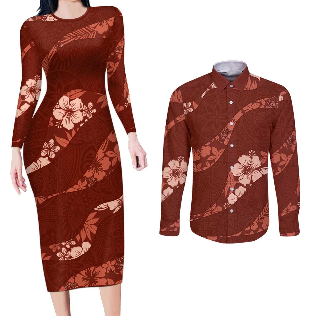 Aloha Hawaii Floral Tapa Couples Matching Long Sleeve Bodycon Dress and Long Sleeve Button Shirt Patchwork Crimson LT7 Crimson - Polynesian Pride