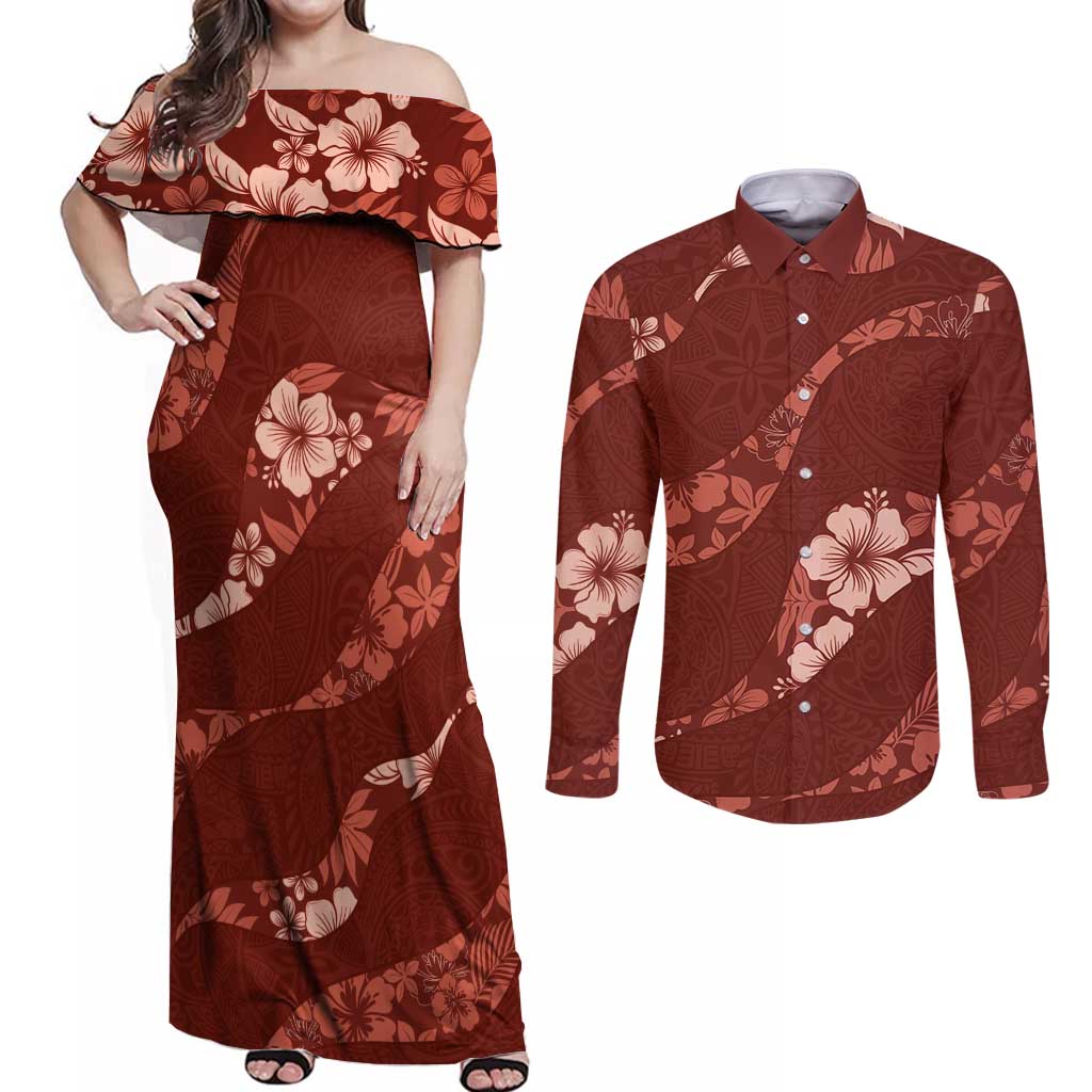 Aloha Hawaii Floral Tapa Couples Matching Off Shoulder Maxi Dress and Long Sleeve Button Shirt Patchwork Crimson LT7 Crimson - Polynesian Pride