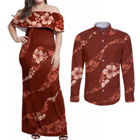 Aloha Hawaii Floral Tapa Couples Matching Off Shoulder Maxi Dress and Long Sleeve Button Shirt Patchwork Crimson LT7 Crimson - Polynesian Pride