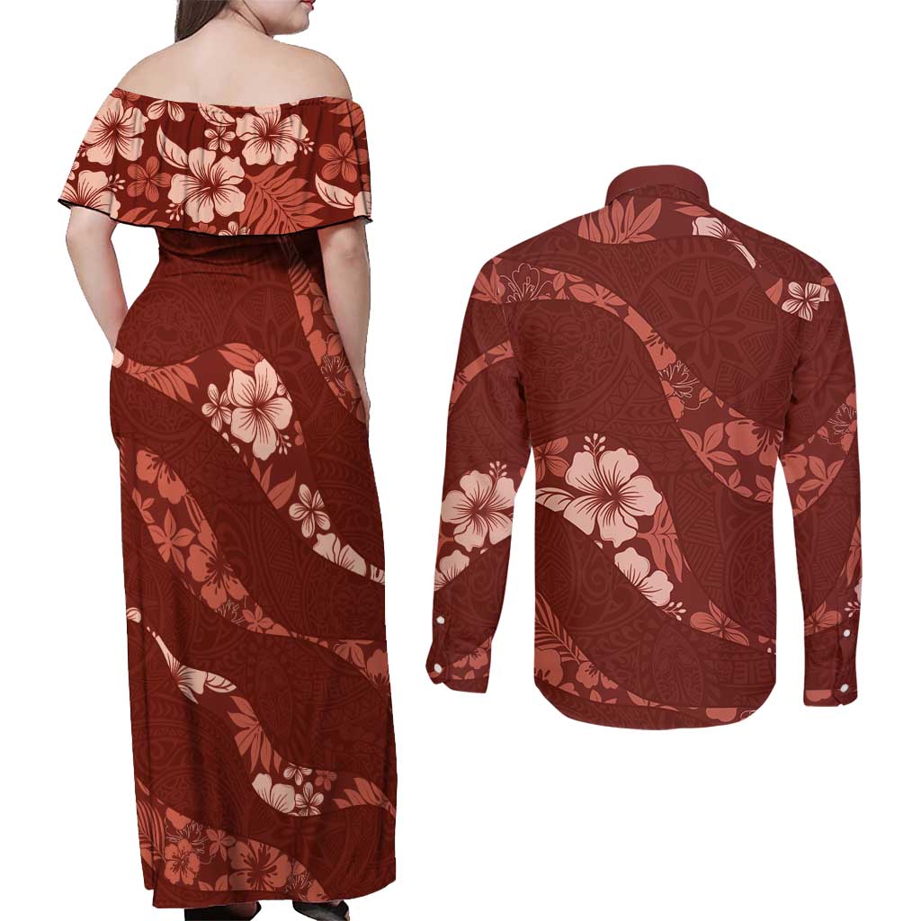 Aloha Hawaii Floral Tapa Couples Matching Off Shoulder Maxi Dress and Long Sleeve Button Shirt Patchwork Crimson LT7 - Polynesian Pride