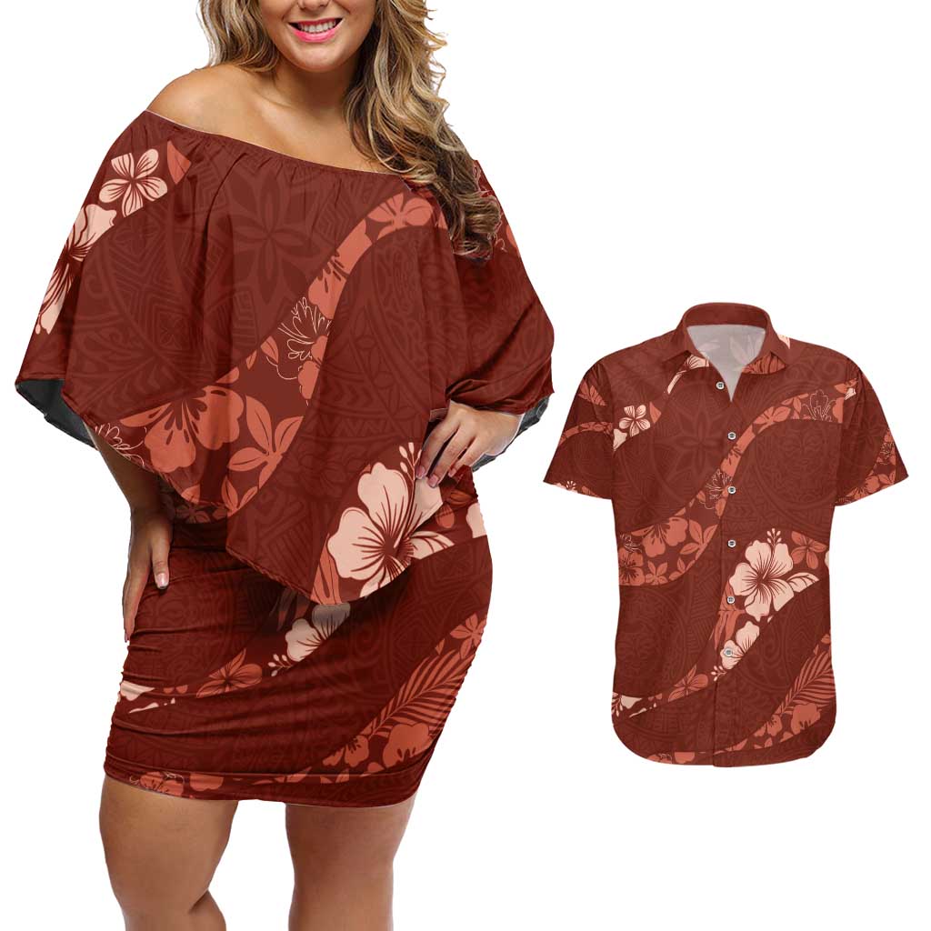 Aloha Hawaii Floral Tapa Couples Matching Off Shoulder Short Dress and Hawaiian Shirt Patchwork Crimson LT7 Crimson - Polynesian Pride