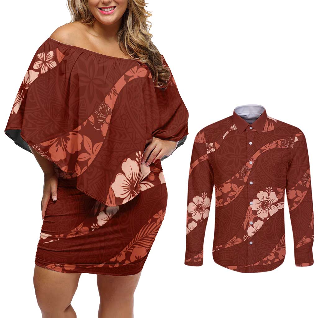 Aloha Hawaii Floral Tapa Couples Matching Off Shoulder Short Dress and Long Sleeve Button Shirt Patchwork Crimson LT7 Crimson - Polynesian Pride