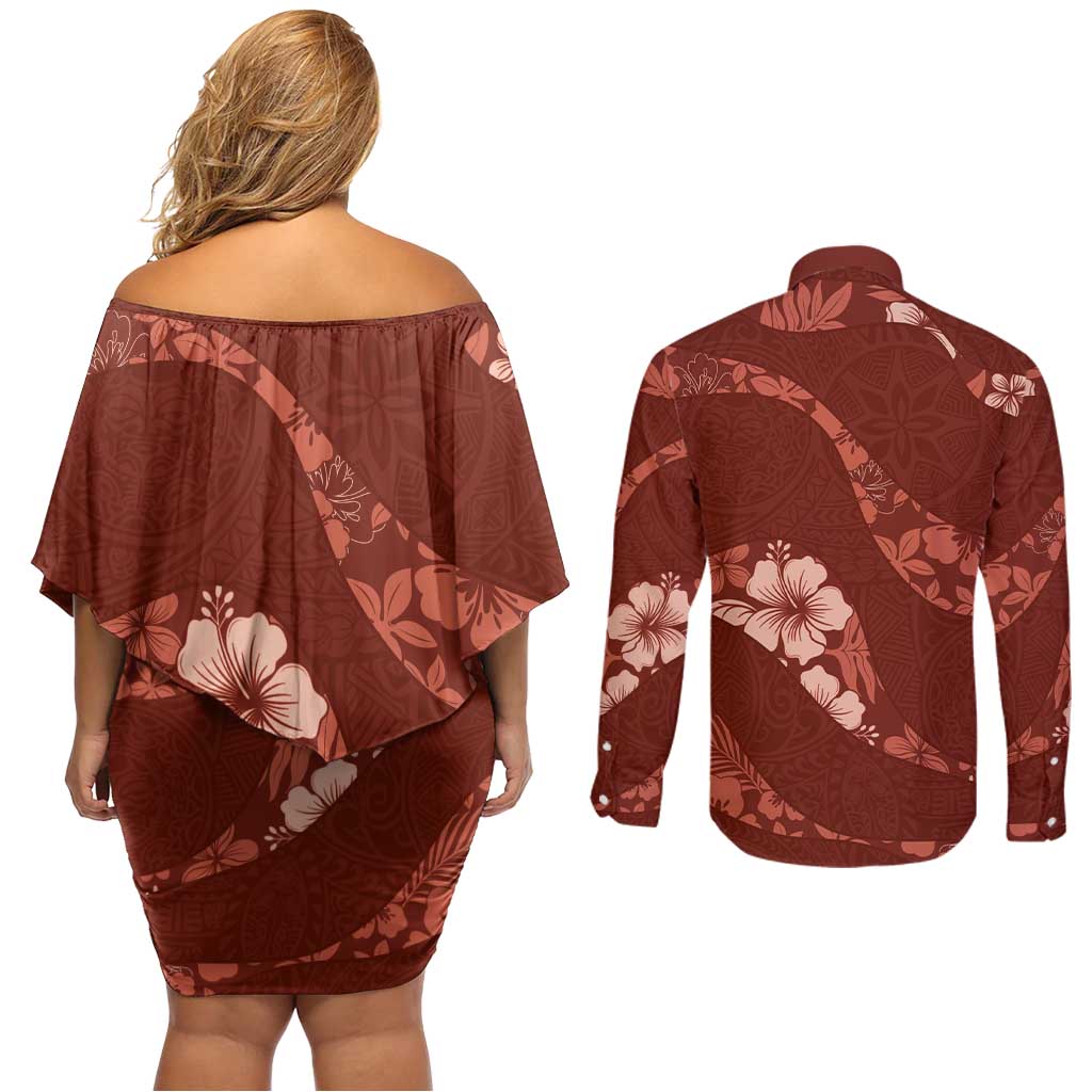 Aloha Hawaii Floral Tapa Couples Matching Off Shoulder Short Dress and Long Sleeve Button Shirt Patchwork Crimson LT7 - Polynesian Pride