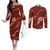 Aloha Hawaii Floral Tapa Couples Matching Off The Shoulder Long Sleeve Dress and Long Sleeve Button Shirt Patchwork Crimson - Polynesian Pride