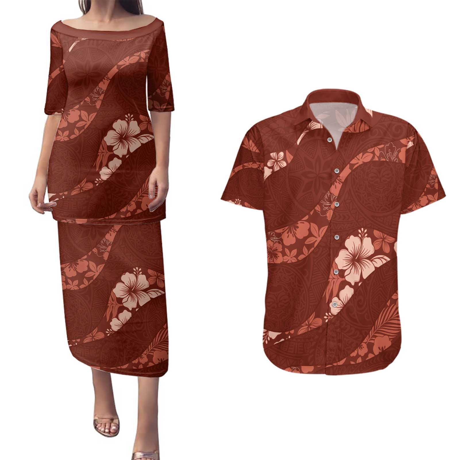 Aloha Hawaii Floral Tapa Couples Matching Puletasi and Hawaiian Shirt Patchwork Crimson - Polynesian Pride