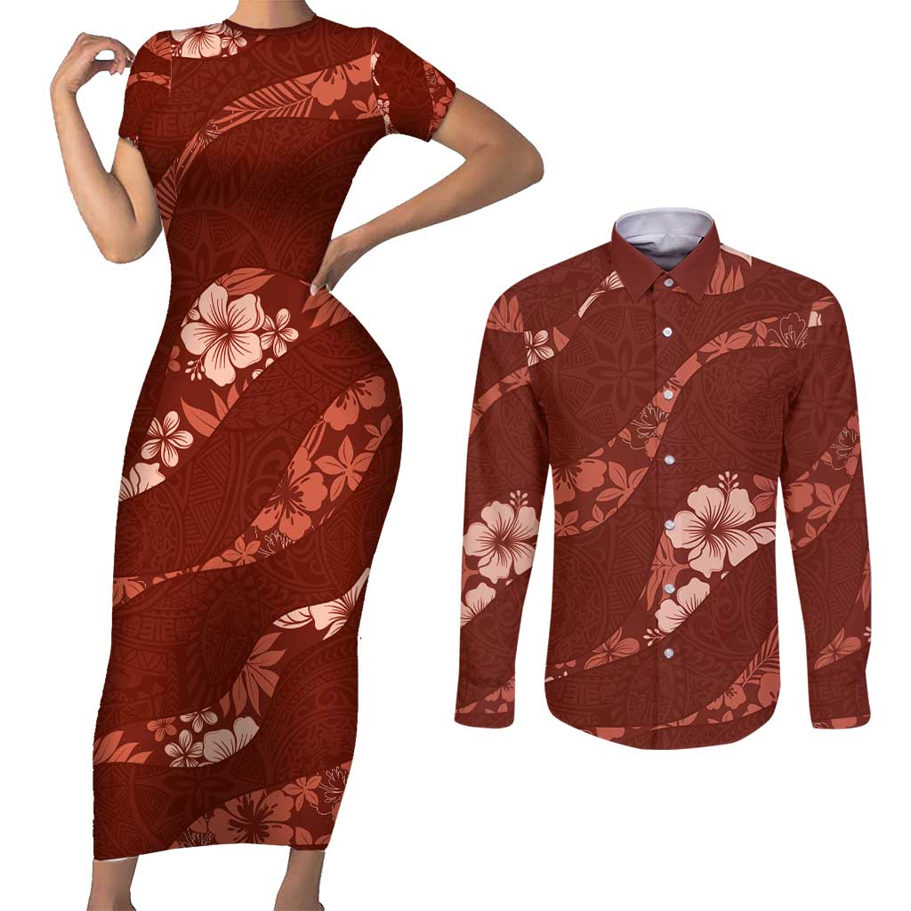 Aloha Hawaii Floral Tapa Couples Matching Short Sleeve Bodycon Dress and Long Sleeve Button Shirt Patchwork Crimson LT7 Crimson - Polynesian Pride
