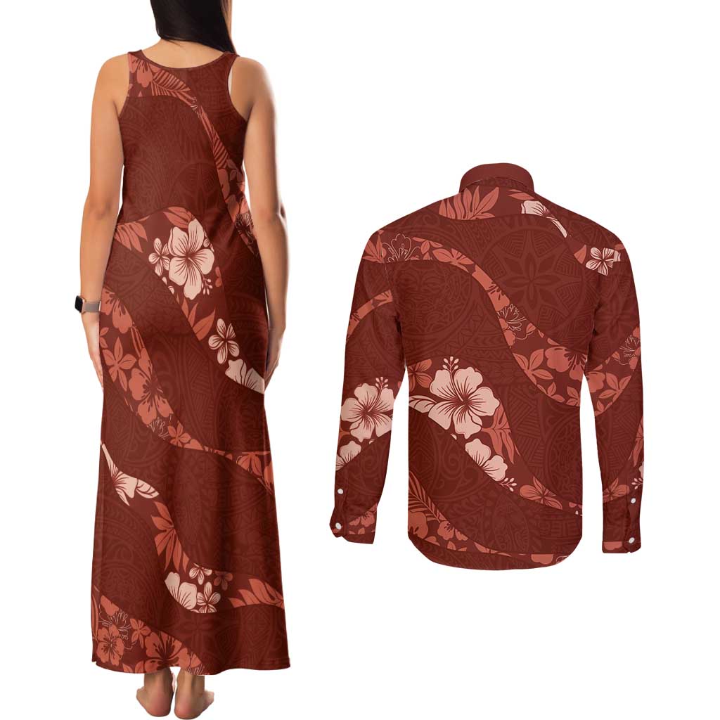Aloha Hawaii Floral Tapa Couples Matching Tank Maxi Dress and Long Sleeve Button Shirt Patchwork Crimson LT7 - Polynesian Pride