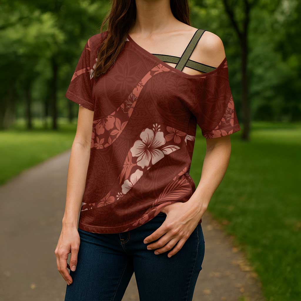 Aloha Hawaii Floral Tapa Cross Shoulder Shirt Patchwork Crimson - Polynesian Pride
