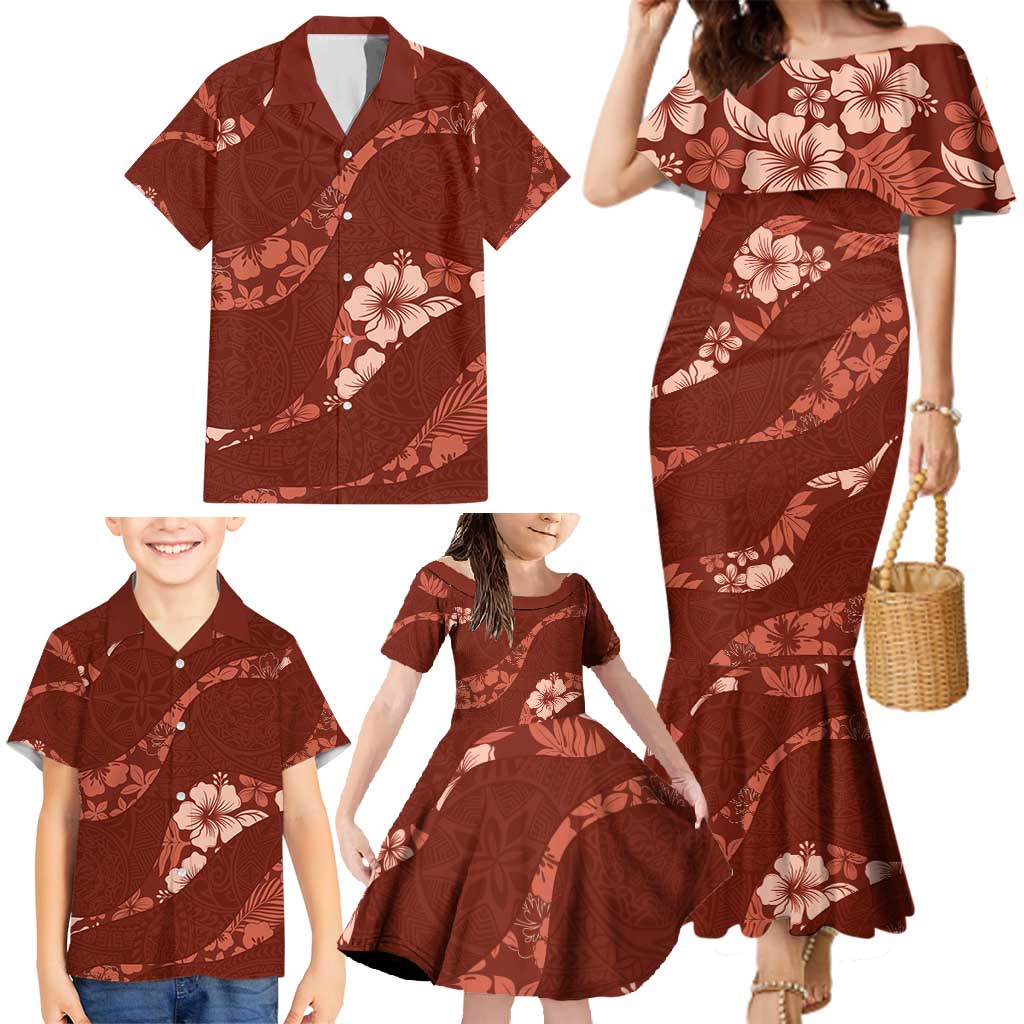 Aloha Hawaii Floral Tapa Family Matching Mermaid Dress and Hawaiian Shirt Patchwork Crimson LT7 - Polynesian Pride