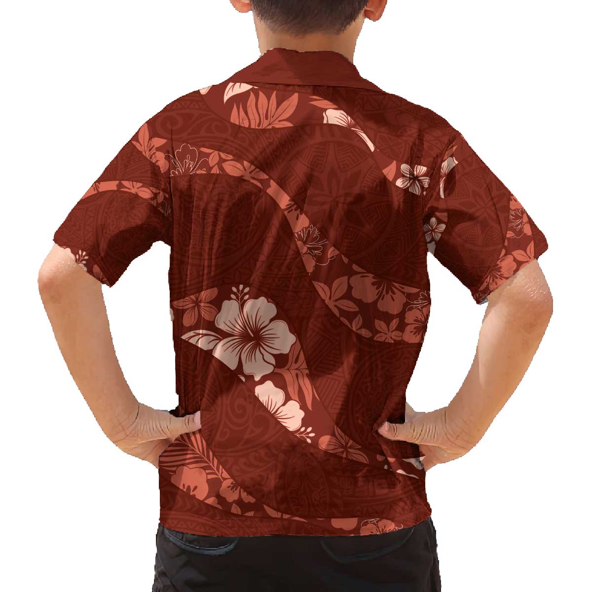 Aloha Hawaii Floral Tapa Family Matching Off The Shoulder Long Sleeve Dress and Hawaiian Shirt Patchwork Crimson LT7 - Polynesian Pride