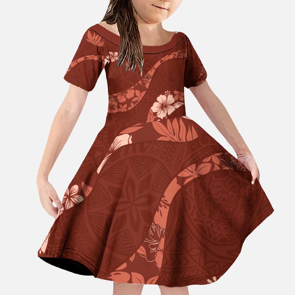 Aloha Hawaii Floral Tapa Family Matching Off The Shoulder Long Sleeve Dress and Hawaiian Shirt Patchwork Crimson LT7 Daughter's Dress Crimson - Polynesian Pride