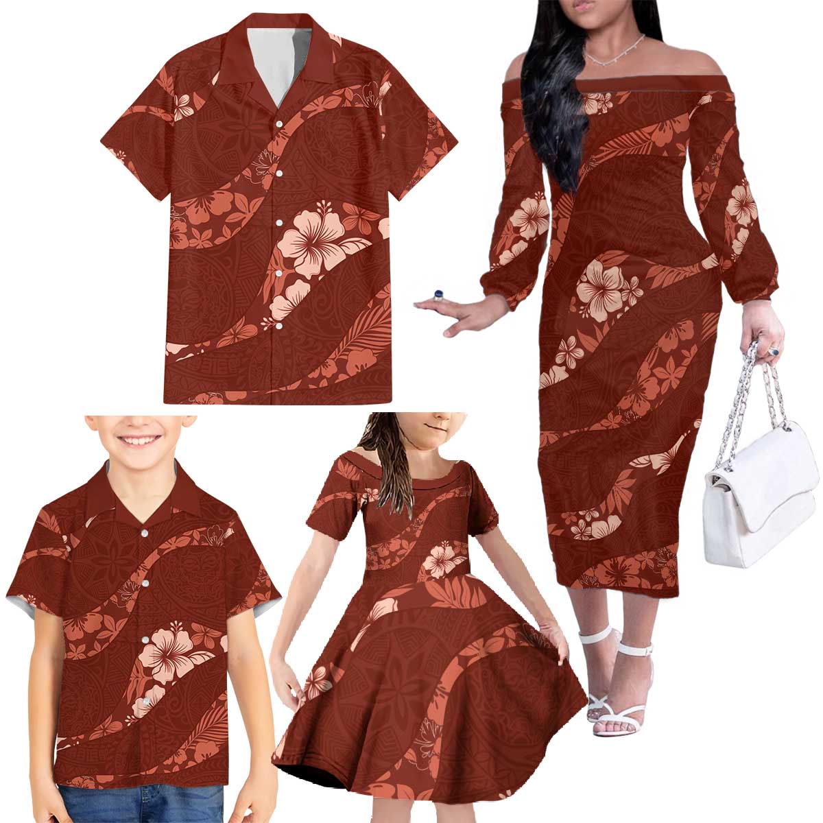 Aloha Hawaii Floral Tapa Family Matching Off The Shoulder Long Sleeve Dress and Hawaiian Shirt Patchwork Crimson LT7 - Polynesian Pride