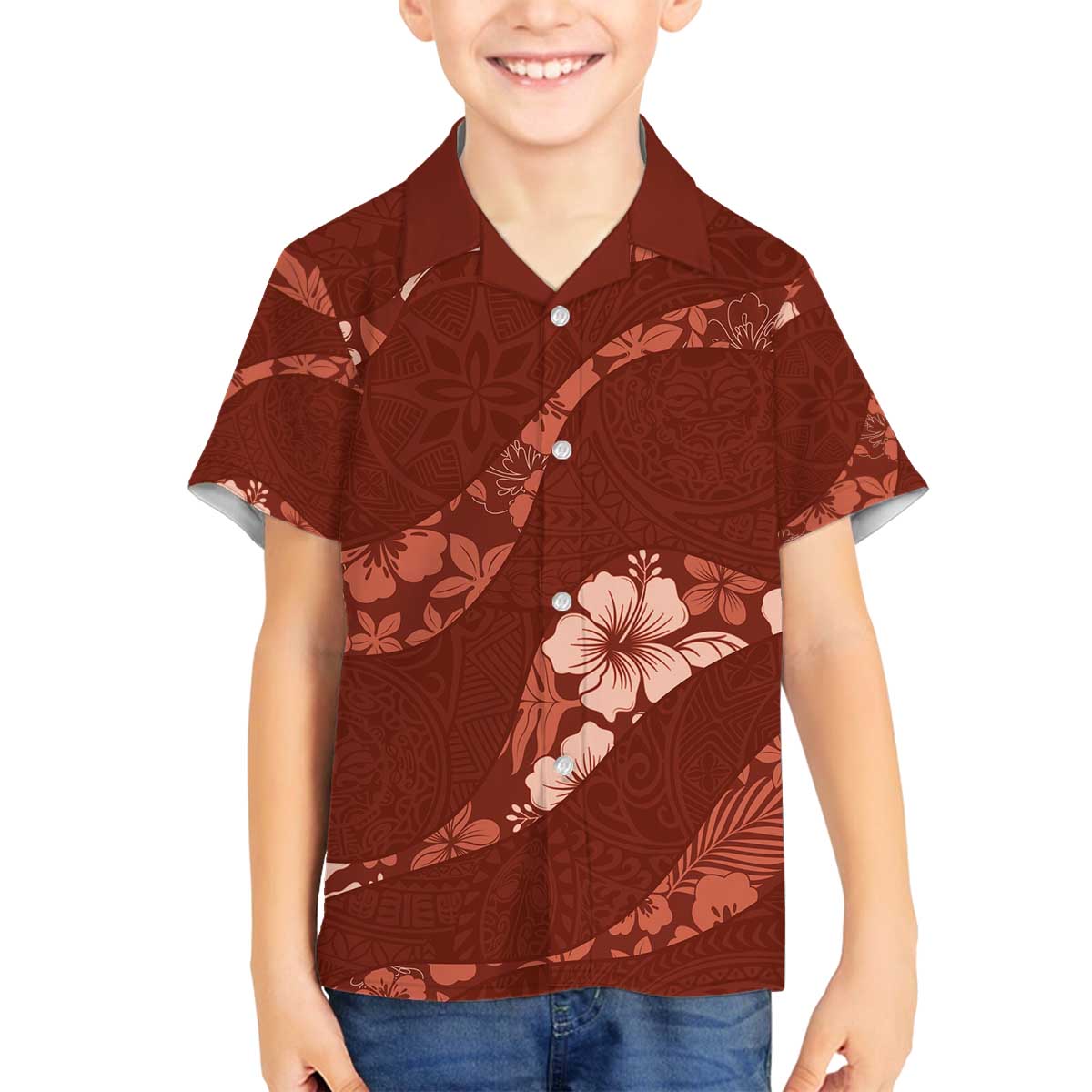 Aloha Hawaii Floral Tapa Family Matching Off The Shoulder Long Sleeve Dress and Hawaiian Shirt Patchwork Crimson LT7 Son's Shirt Crimson - Polynesian Pride