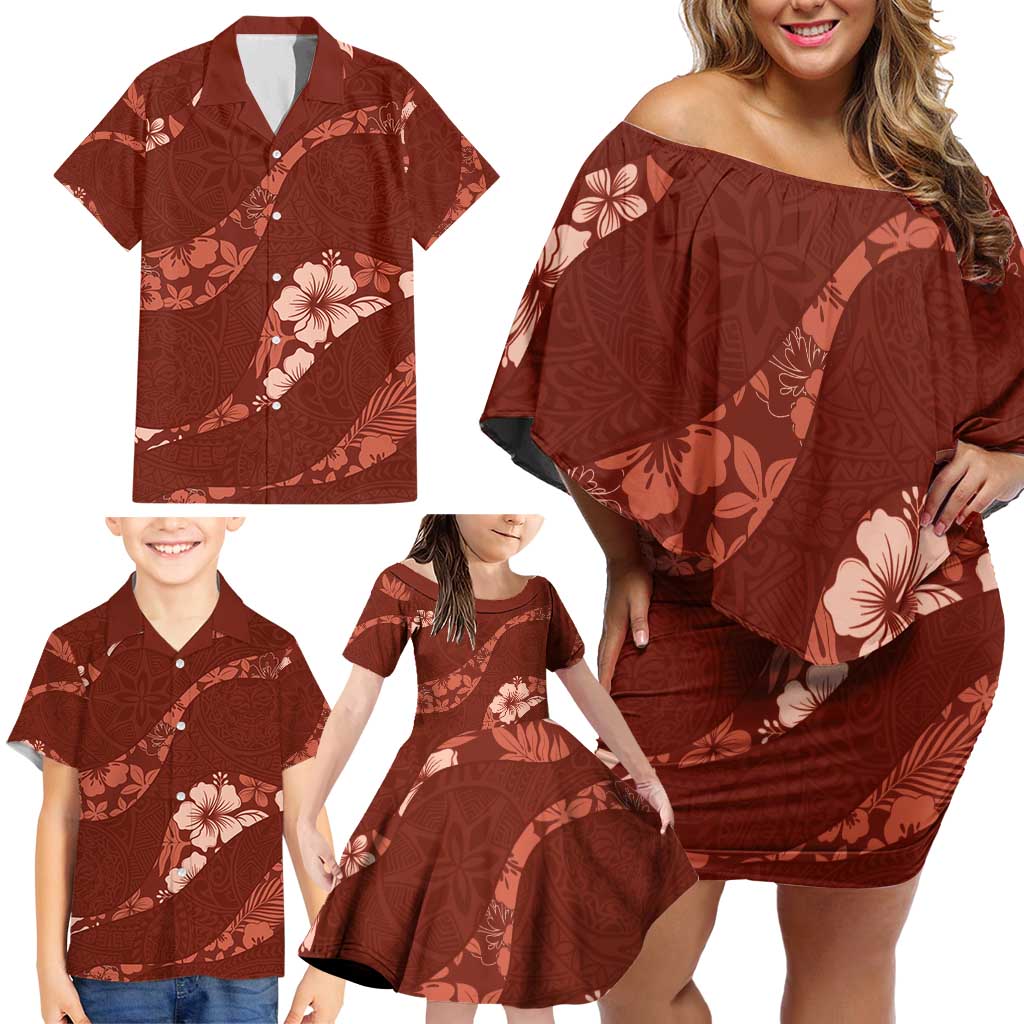 Aloha Hawaii Floral Tapa Family Matching Off Shoulder Short Dress and Hawaiian Shirt Patchwork Crimson LT7 - Polynesian Pride