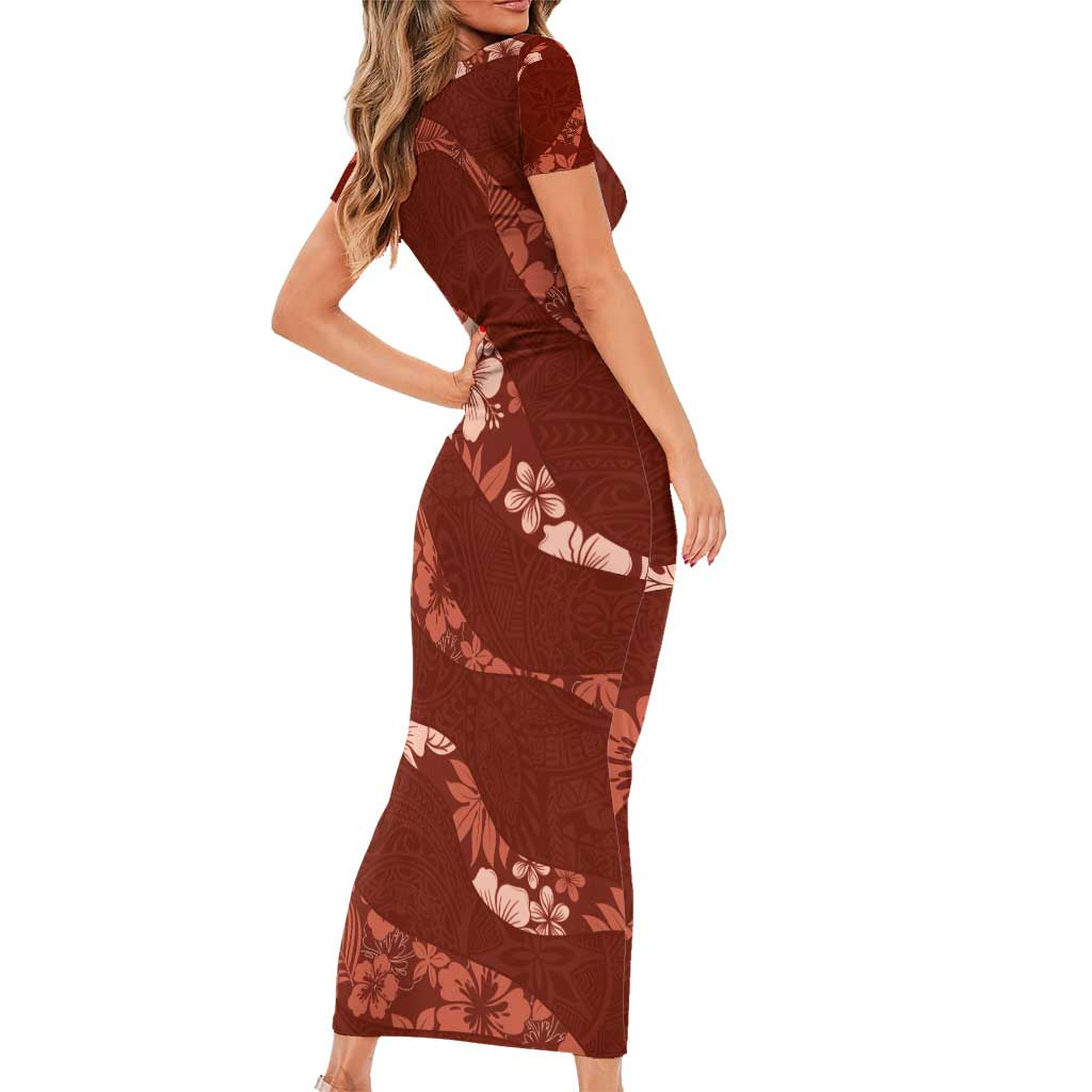 Aloha Hawaii Floral Tapa Family Matching Short Sleeve Bodycon Dress and Hawaiian Shirt Patchwork Crimson - Polynesian Pride