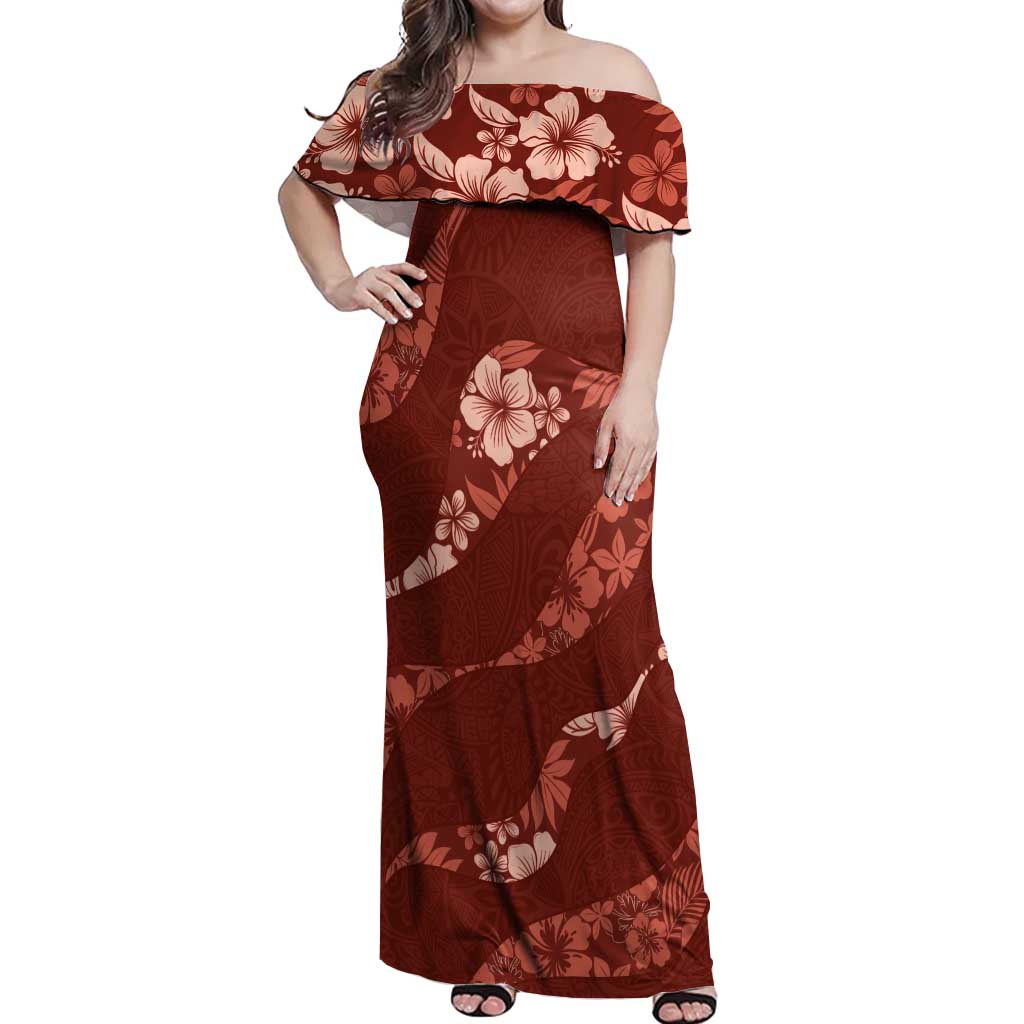 Aloha Hawaii Floral Tapa Off Shoulder Maxi Dress Patchwork Crimson - Polynesian Pride
