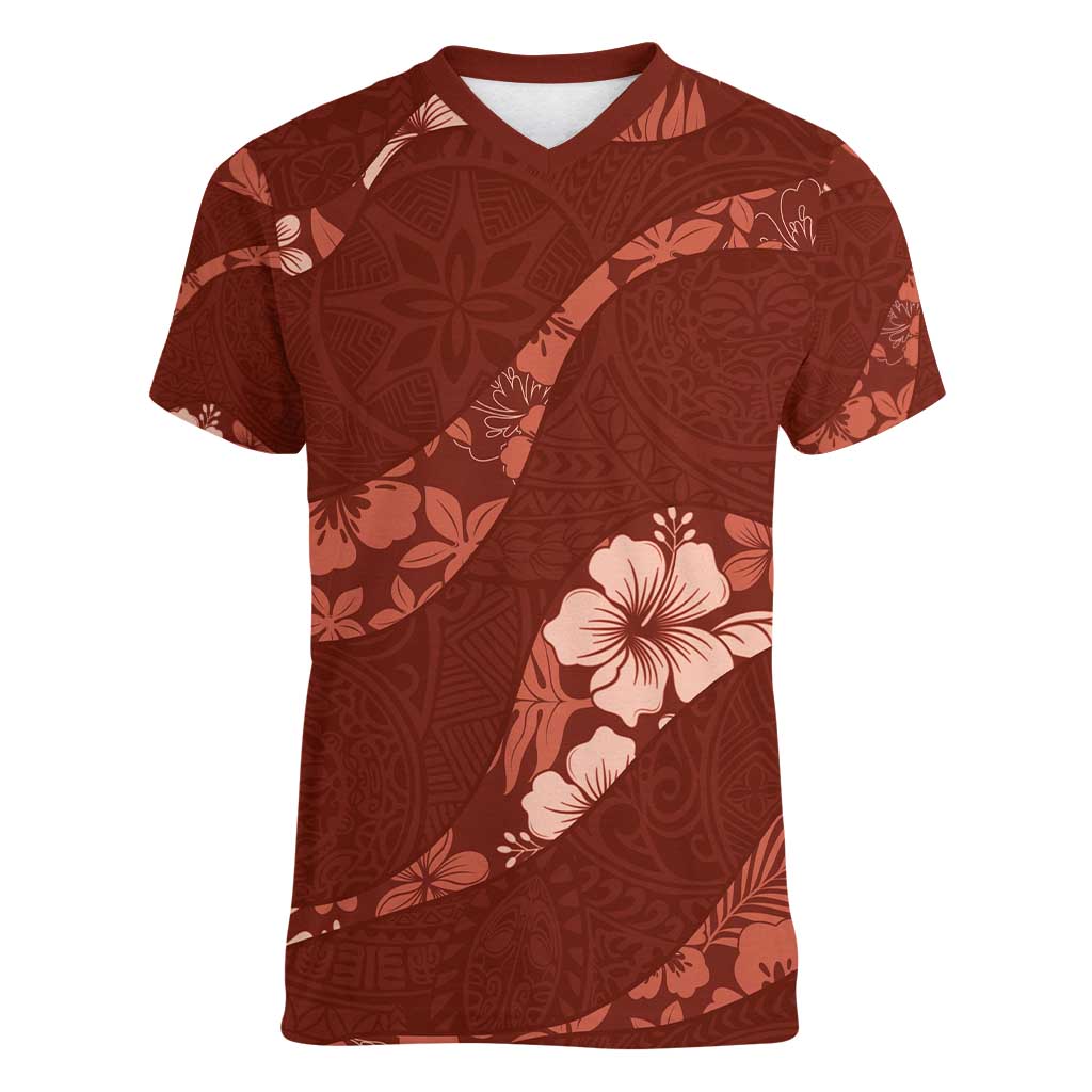 Aloha Hawaii Floral Tapa Women V-Neck T-Shirt Patchwork Crimson LT7 Female Crimson - Polynesian Pride