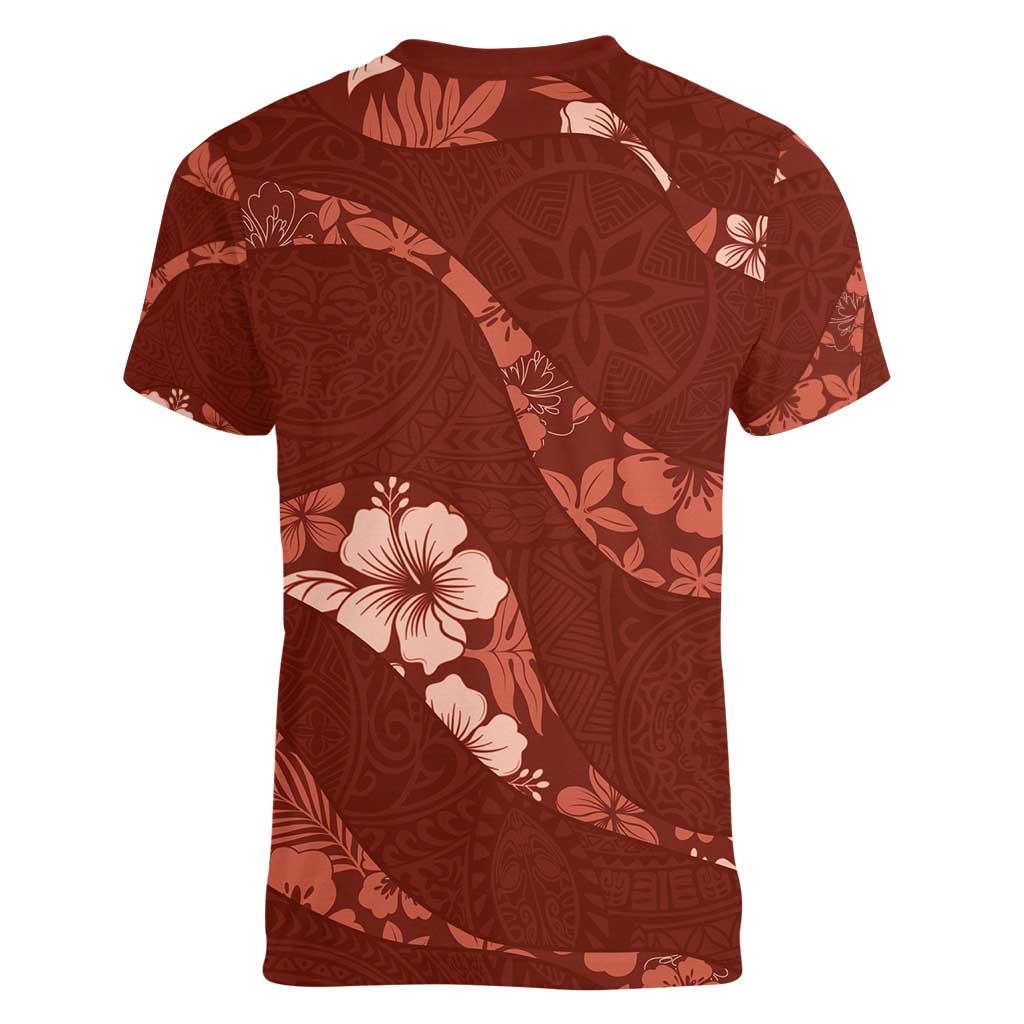 Aloha Hawaii Floral Tapa Women V-Neck T-Shirt Patchwork Crimson LT7 - Polynesian Pride