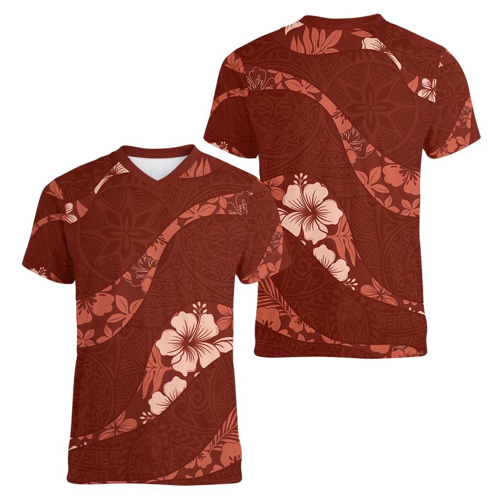 Aloha Hawaii Floral Tapa Women V-Neck T-Shirt Patchwork Crimson LT7 - Polynesian Pride