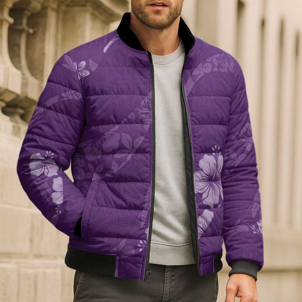 Aloha Hawaii Floral Tapa Bomber Puffer Jacket Patchwork Violet - Polynesian Pride