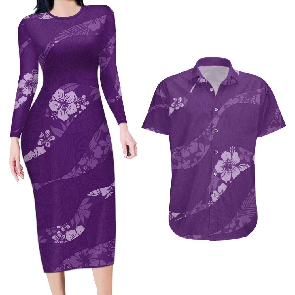 Aloha Hawaii Floral Tapa Couples Matching Long Sleeve Bodycon Dress and Hawaiian Shirt Patchwork Violet LT7 Violet - Polynesian Pride