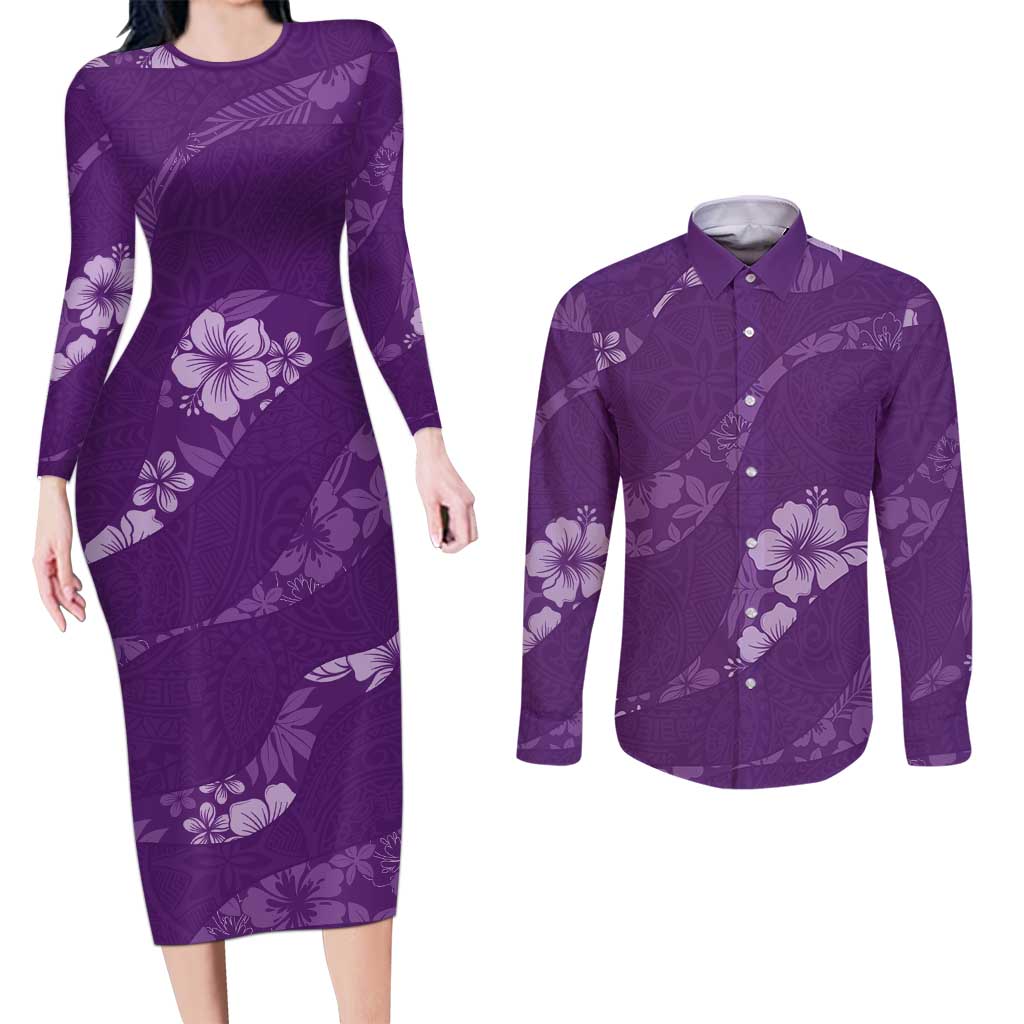 Aloha Hawaii Floral Tapa Couples Matching Long Sleeve Bodycon Dress and Long Sleeve Button Shirt Patchwork Violet LT7 Violet - Polynesian Pride