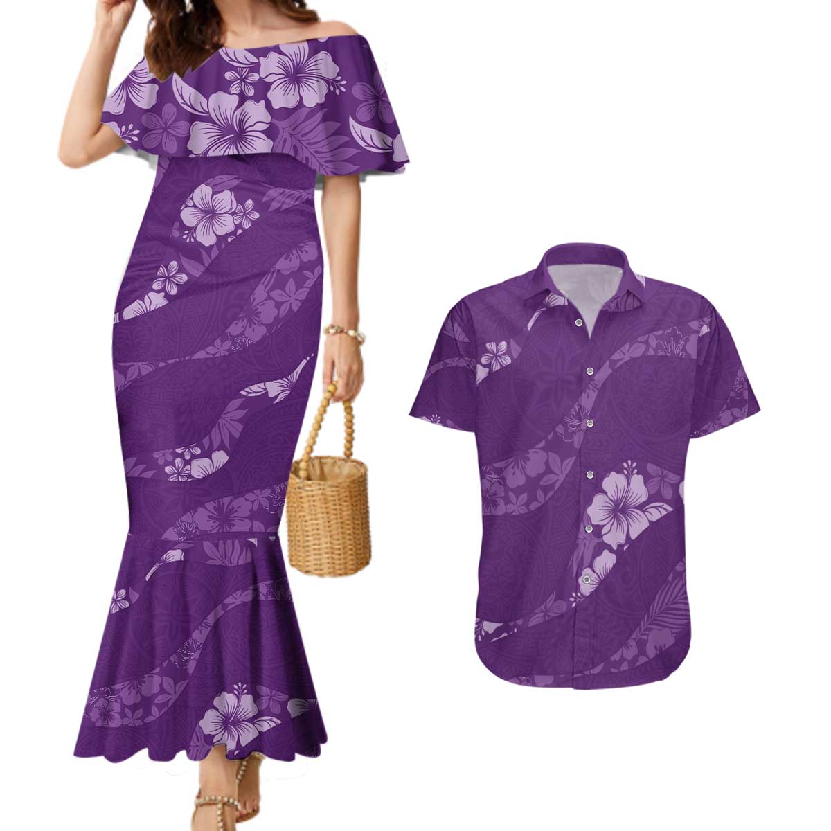 Aloha Hawaii Floral Tapa Couples Matching Mermaid Dress and Hawaiian Shirt Patchwork Violet LT7 Violet - Polynesian Pride