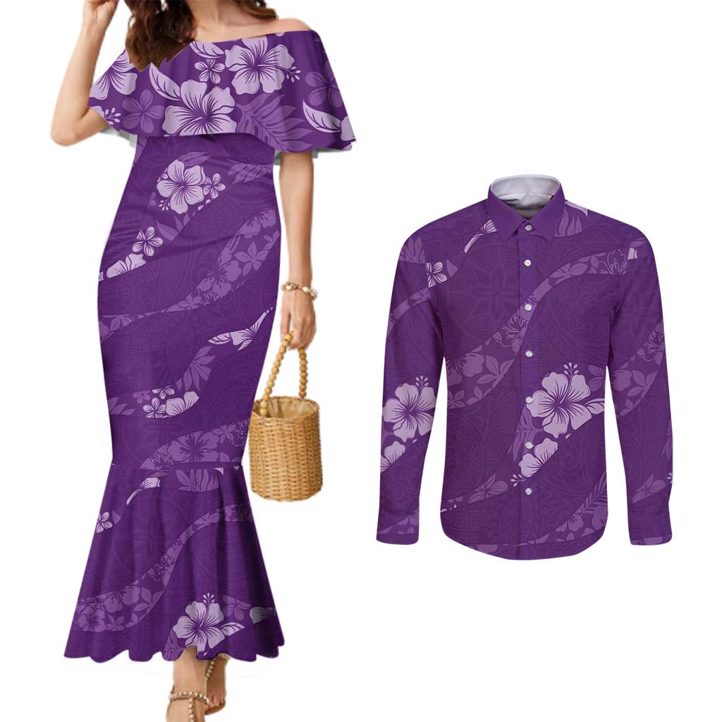Aloha Hawaii Floral Tapa Couples Matching Mermaid Dress and Long Sleeve Button Shirt Patchwork Violet LT7 Violet - Polynesian Pride