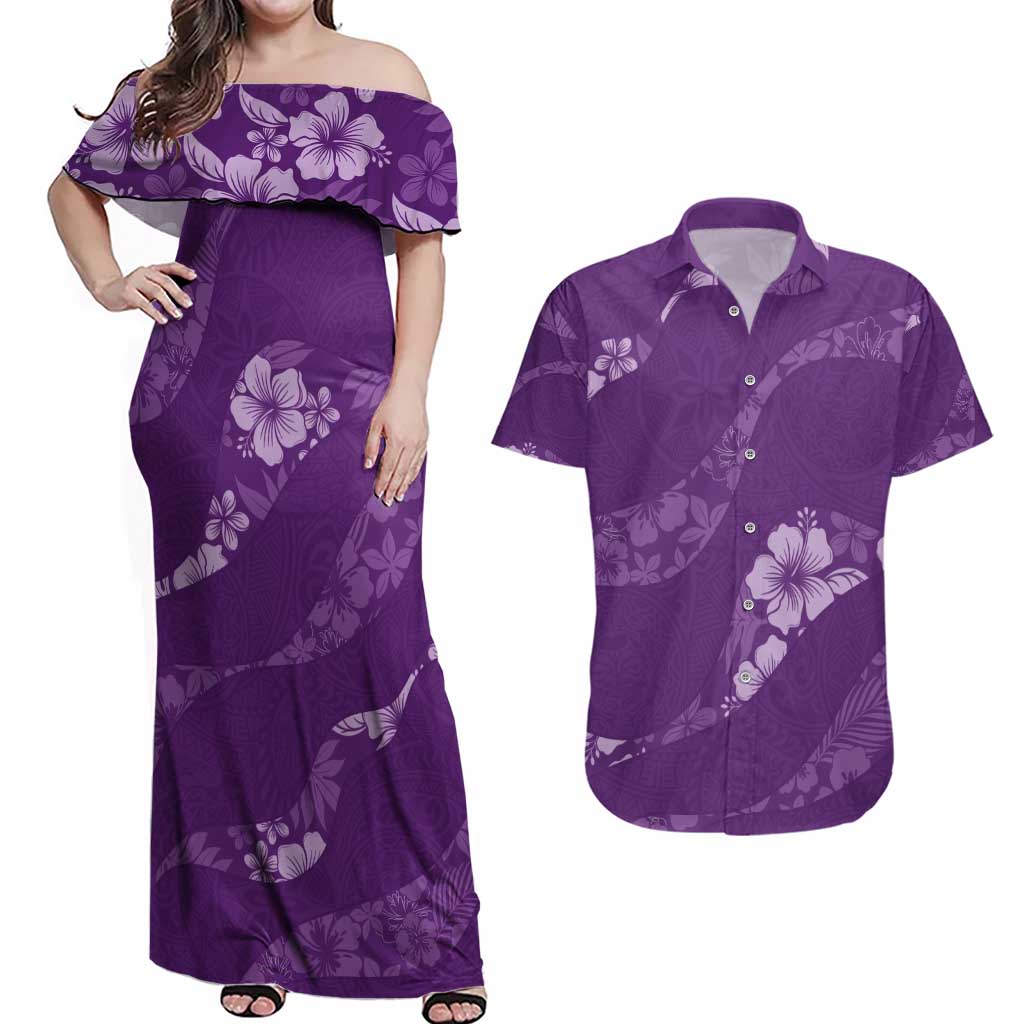 Aloha Hawaii Floral Tapa Couples Matching Off Shoulder Maxi Dress and Hawaiian Shirt Patchwork Violet LT7 Violet - Polynesian Pride