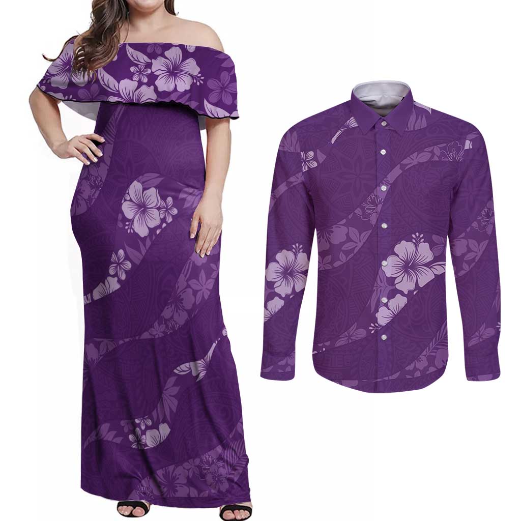 Aloha Hawaii Floral Tapa Couples Matching Off Shoulder Maxi Dress and Long Sleeve Button Shirt Patchwork Violet LT7 Violet - Polynesian Pride