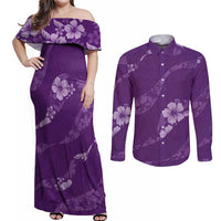 Aloha Hawaii Floral Tapa Couples Matching Off Shoulder Maxi Dress and Long Sleeve Button Shirt Patchwork Violet LT7 Violet - Polynesian Pride