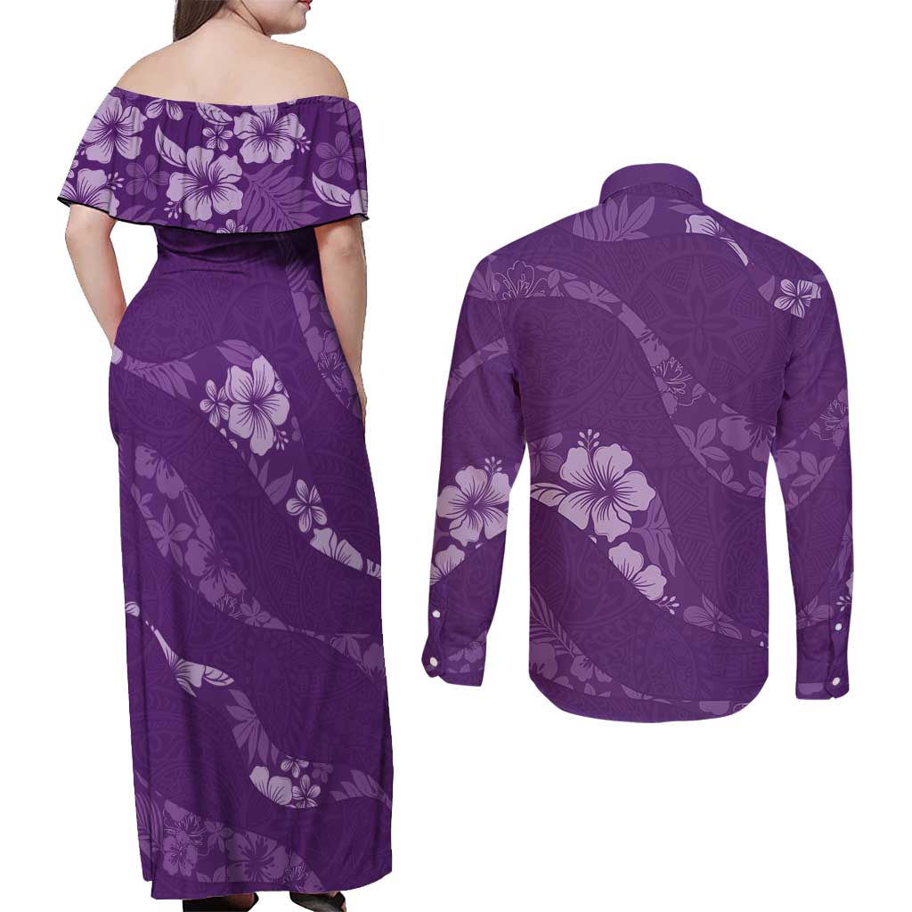 Aloha Hawaii Floral Tapa Couples Matching Off Shoulder Maxi Dress and Long Sleeve Button Shirt Patchwork Violet LT7 - Polynesian Pride