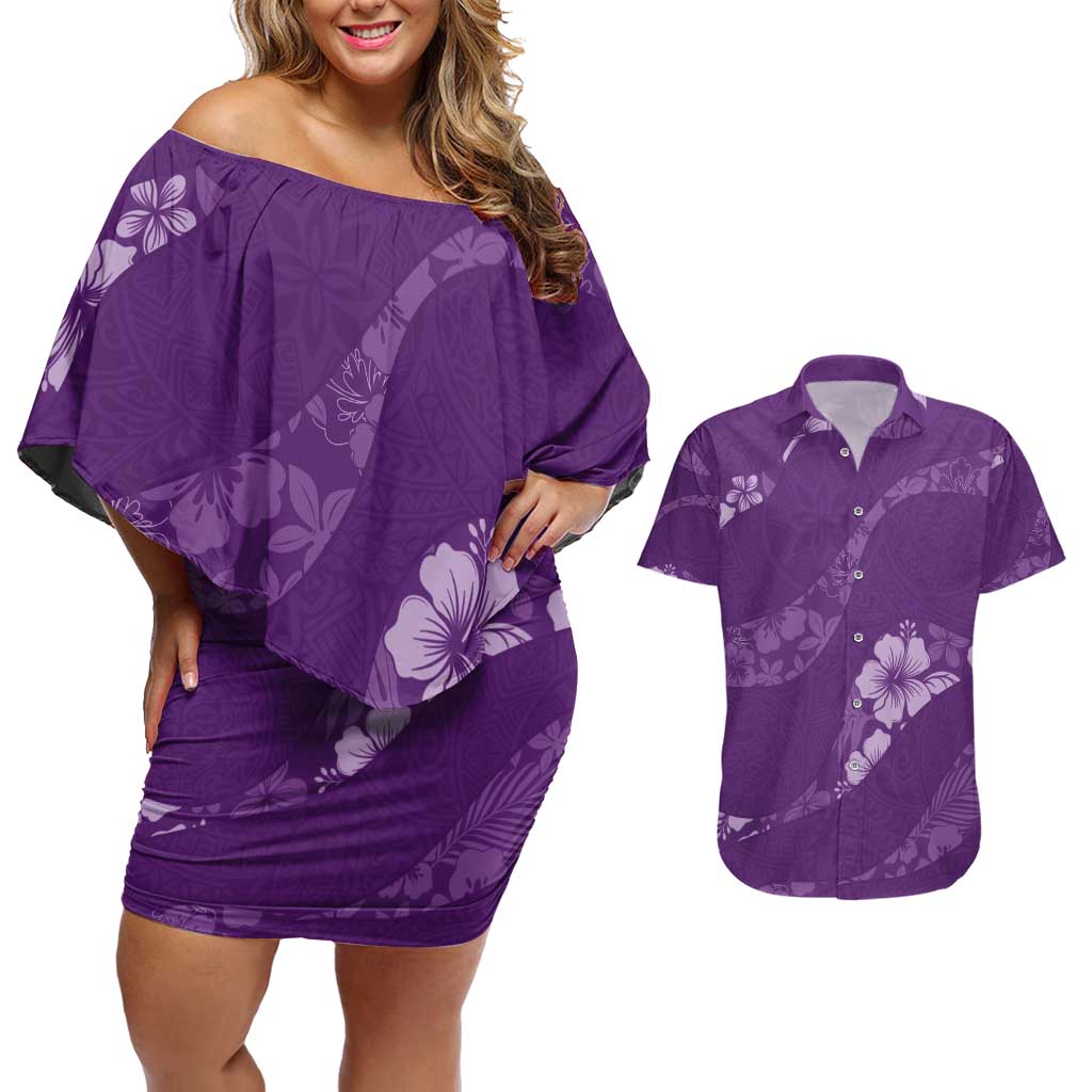 Aloha Hawaii Floral Tapa Couples Matching Off Shoulder Short Dress and Hawaiian Shirt Patchwork Violet LT7 Violet - Polynesian Pride