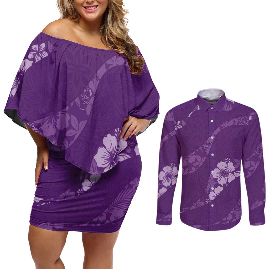 Aloha Hawaii Floral Tapa Couples Matching Off Shoulder Short Dress and Long Sleeve Button Shirt Patchwork Violet LT7 Violet - Polynesian Pride