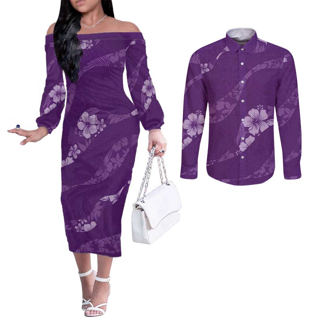 Aloha Hawaii Floral Tapa Couples Matching Off The Shoulder Long Sleeve Dress and Long Sleeve Button Shirt Patchwork Violet - Polynesian Pride