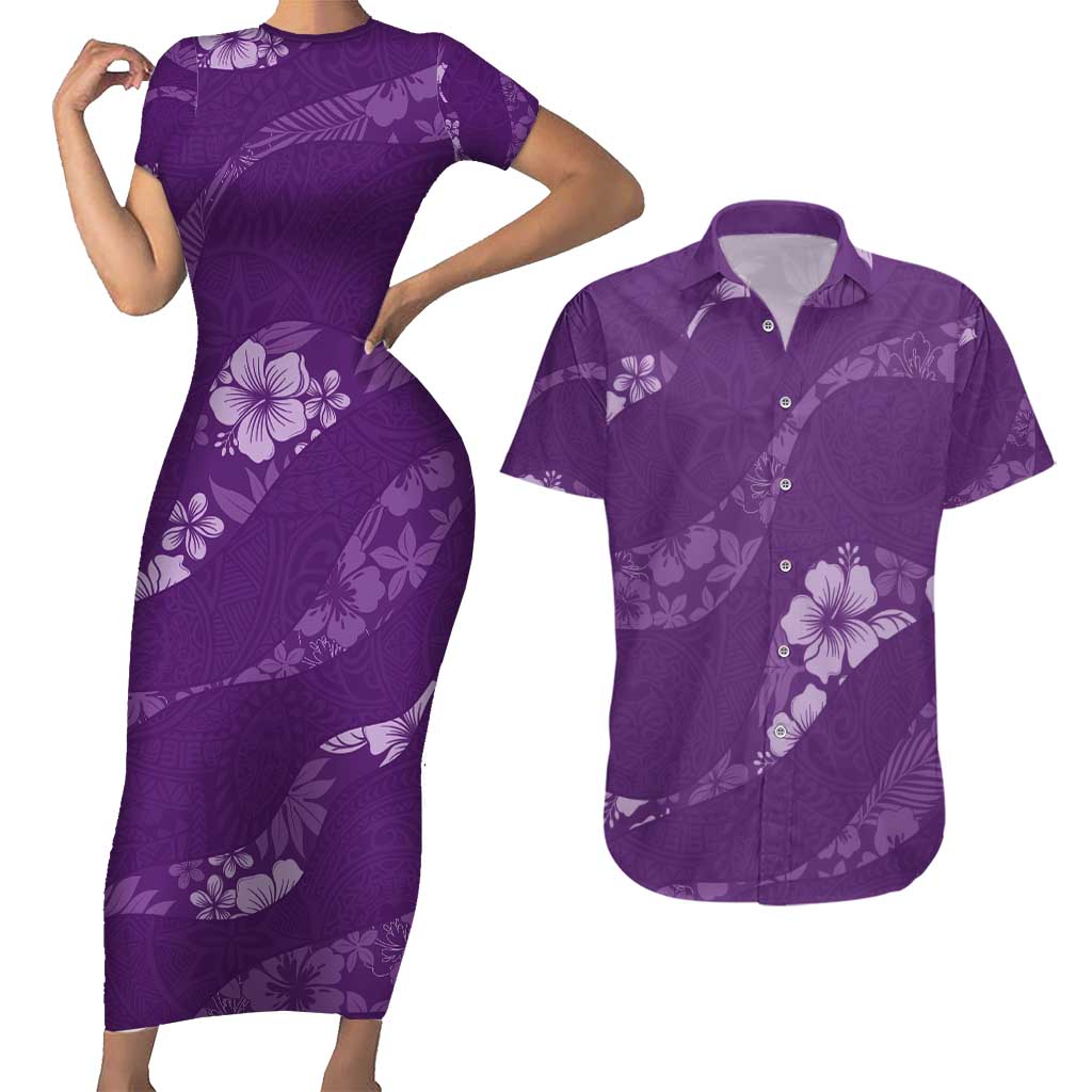 Aloha Hawaii Floral Tapa Couples Matching Short Sleeve Bodycon Dress and Hawaiian Shirt Patchwork Violet LT7 Violet - Polynesian Pride