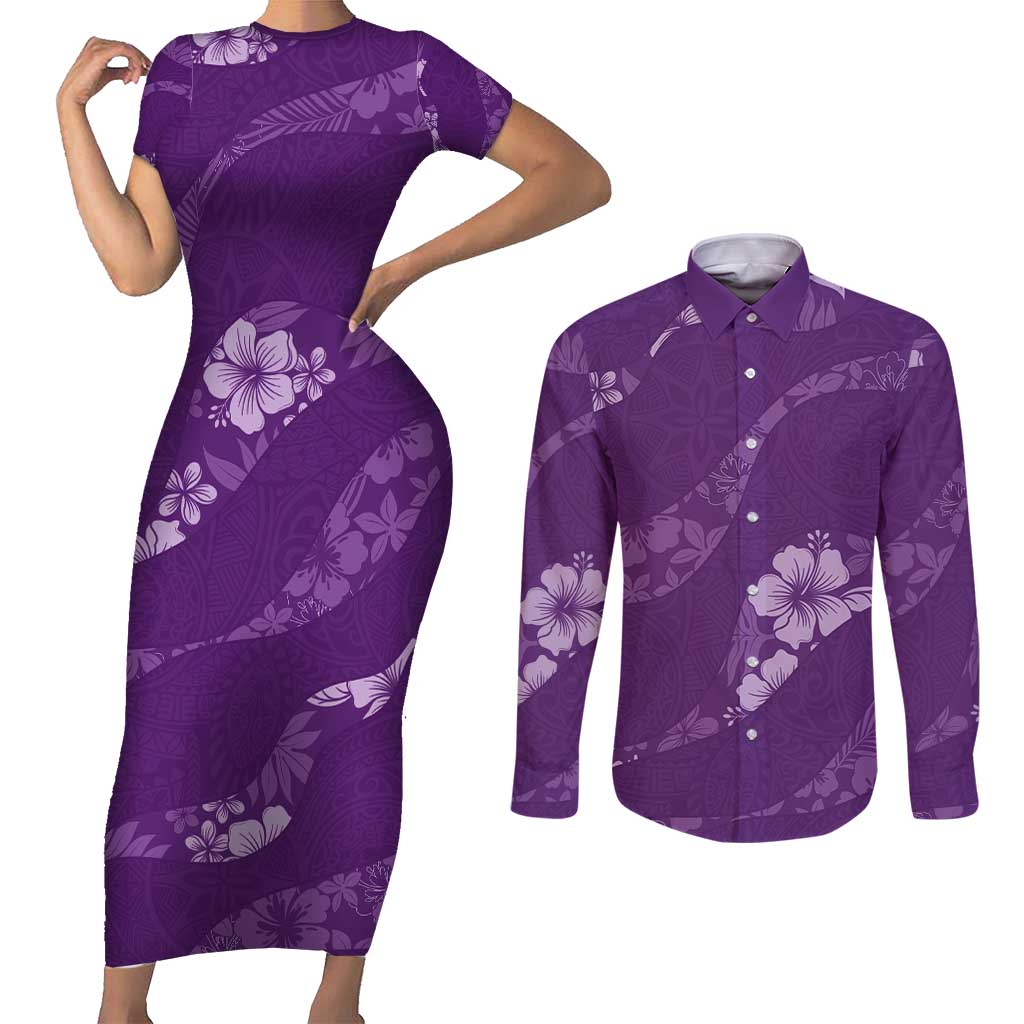 Aloha Hawaii Floral Tapa Couples Matching Short Sleeve Bodycon Dress and Long Sleeve Button Shirt Patchwork Violet LT7 Violet - Polynesian Pride