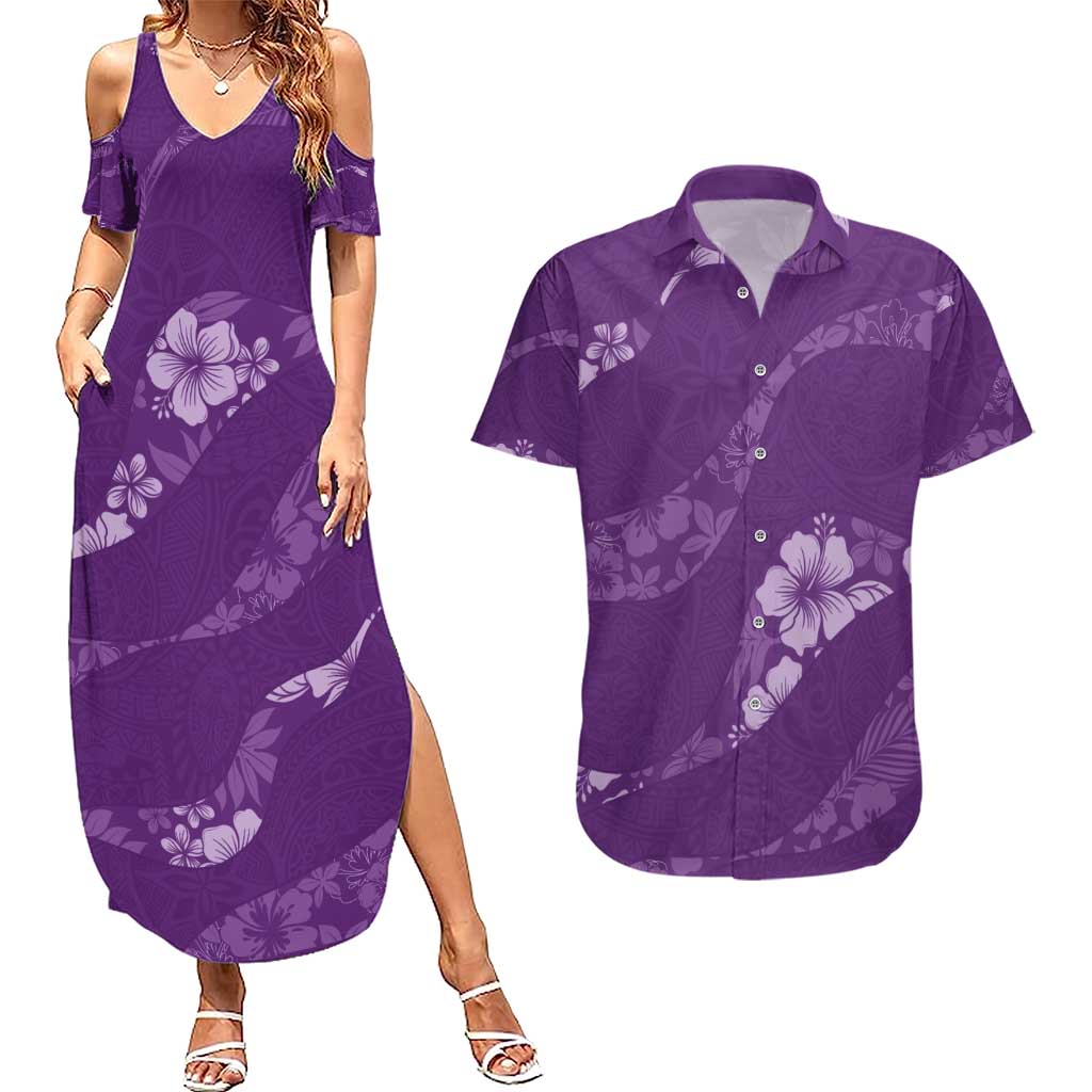 Aloha Hawaii Floral Tapa Couples Matching Summer Maxi Dress and Hawaiian Shirt Patchwork Violet LT7 Violet - Polynesian Pride