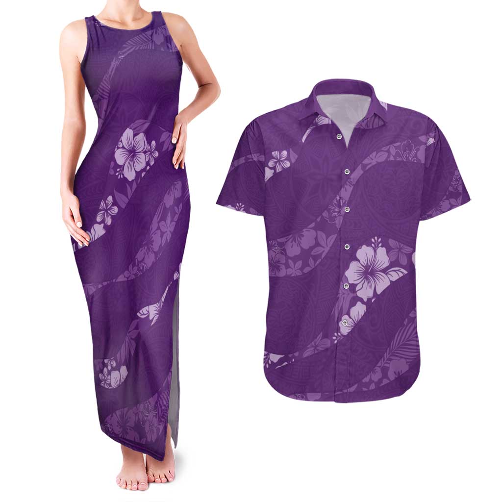 Aloha Hawaii Floral Tapa Couples Matching Tank Maxi Dress and Hawaiian Shirt Patchwork Violet LT7 Violet - Polynesian Pride