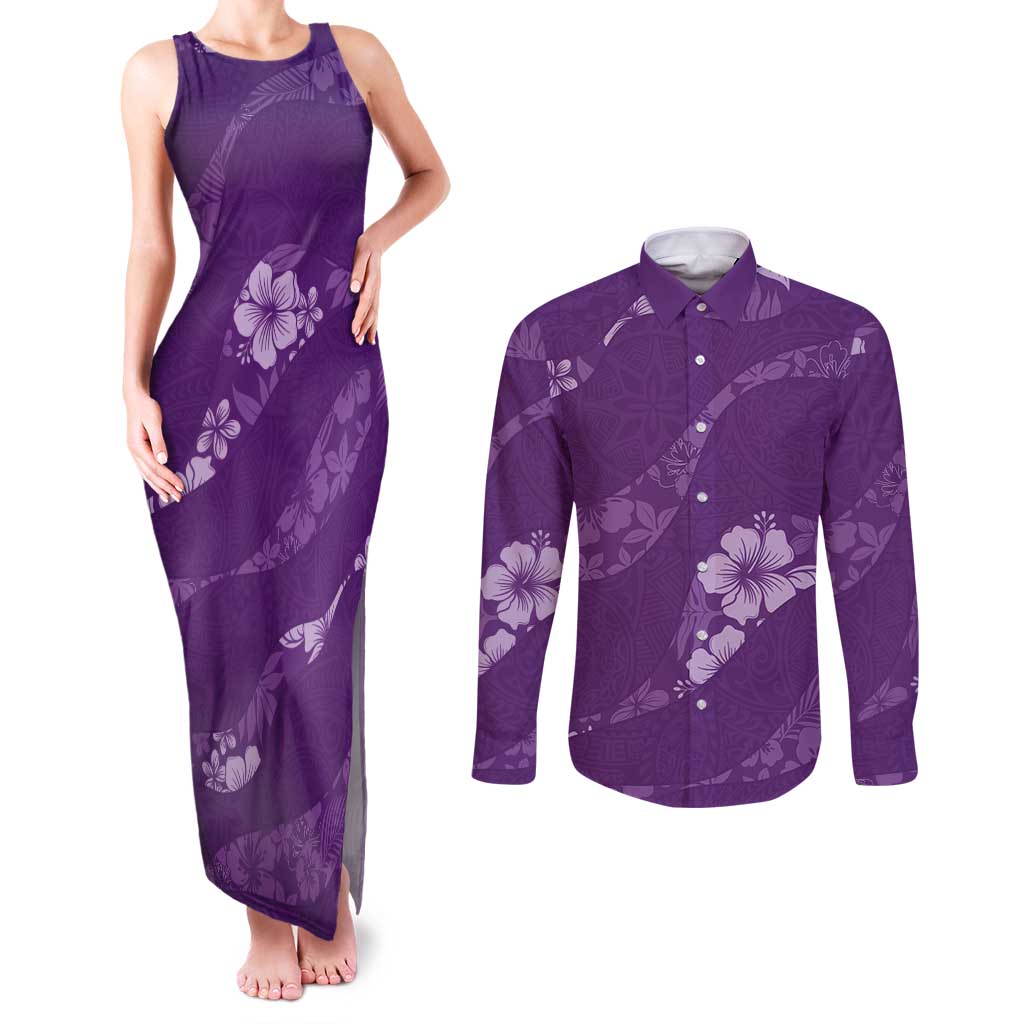 Aloha Hawaii Floral Tapa Couples Matching Tank Maxi Dress and Long Sleeve Button Shirt Patchwork Violet LT7 Violet - Polynesian Pride