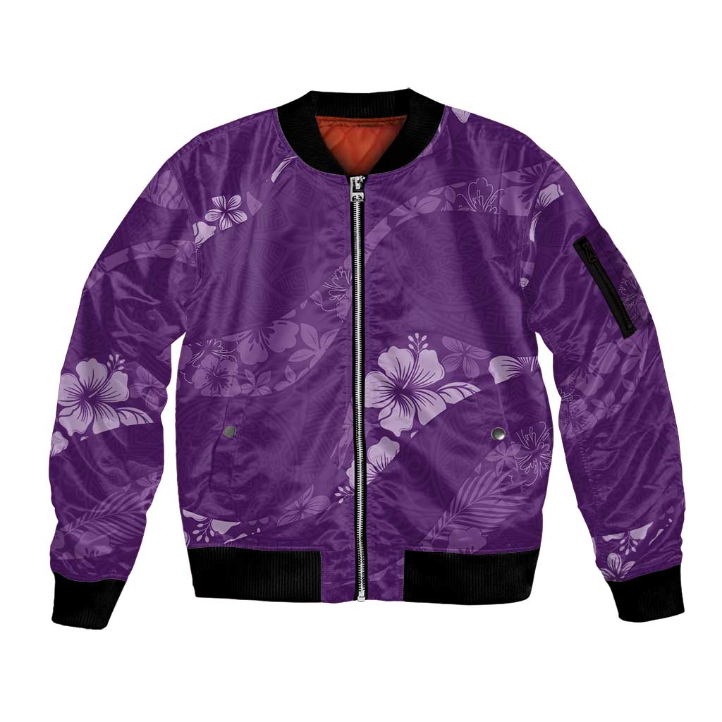 Aloha Hawaii Floral Tapa Sleeve Zip Bomber Jacket Patchwork Violet LT7 Unisex Violet - Polynesian Pride